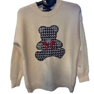 Women’s Large / XL Teddy Bear Bow Sweater With Bling, Rhinestones, Pearls NWT